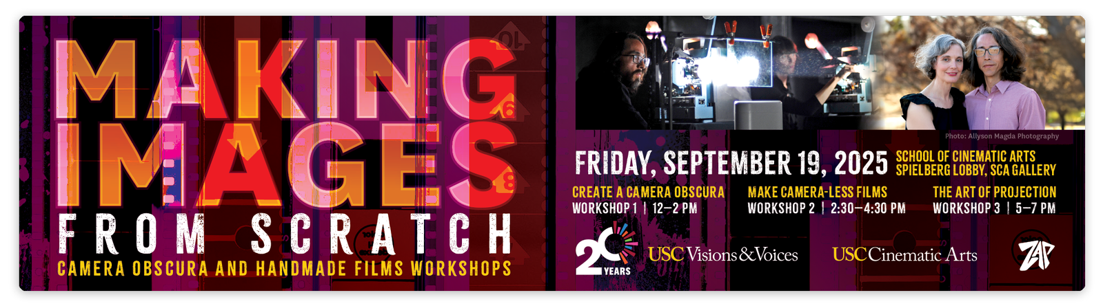 event banner with workshop name and scheduling details, with images of two people in the dark standing behind lit projectors and a portrait of Sandra Gibson and Luis Recoder